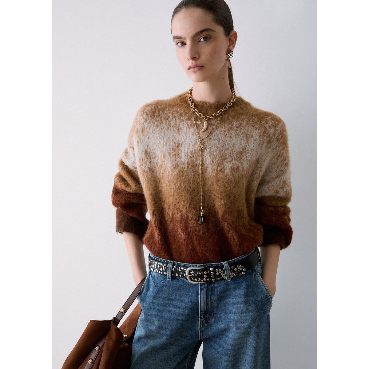 Maille jacquard en laine brossée camel, LIU JO