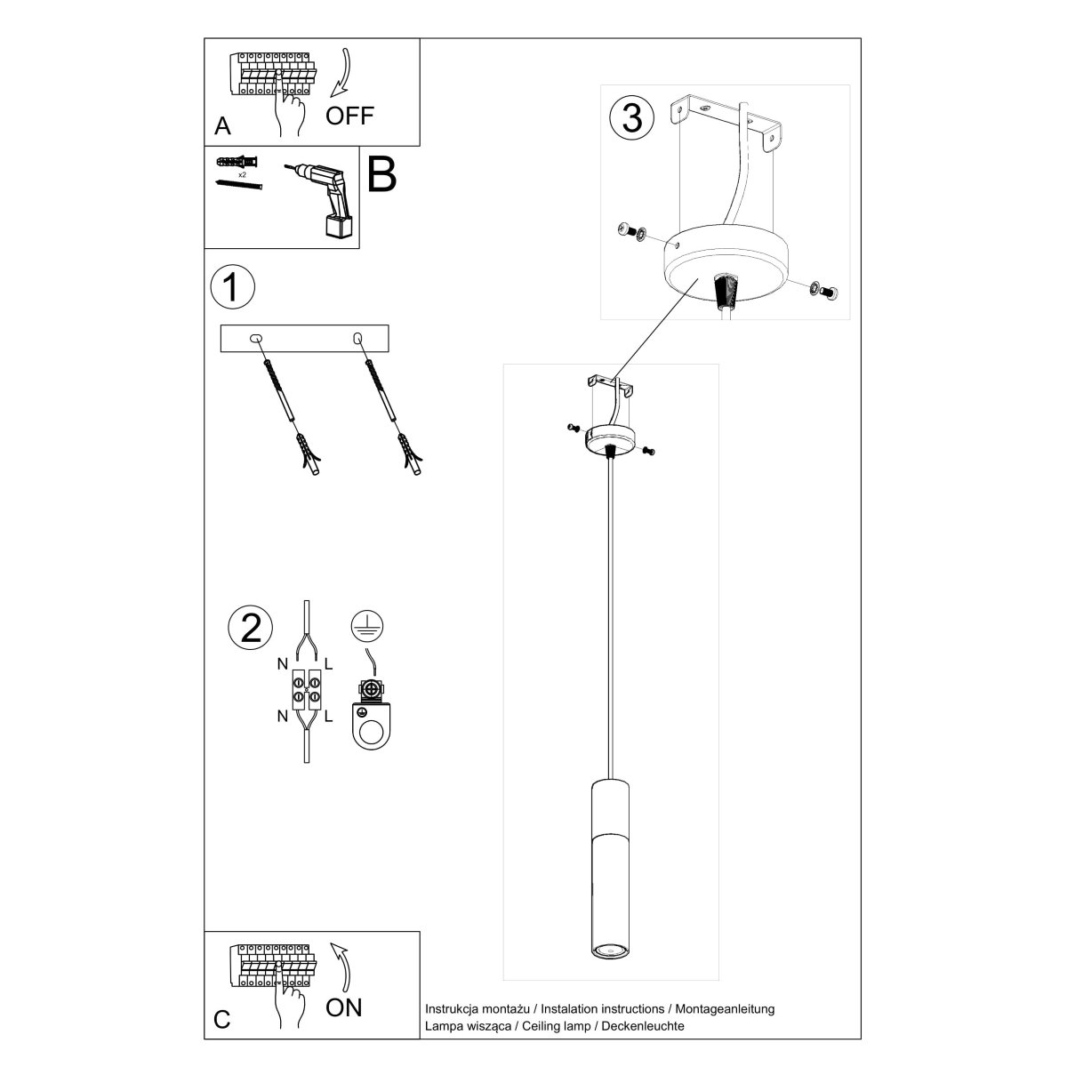 Suspension Acier Gris/Noir GU10 1 Borigio gris, EDEN