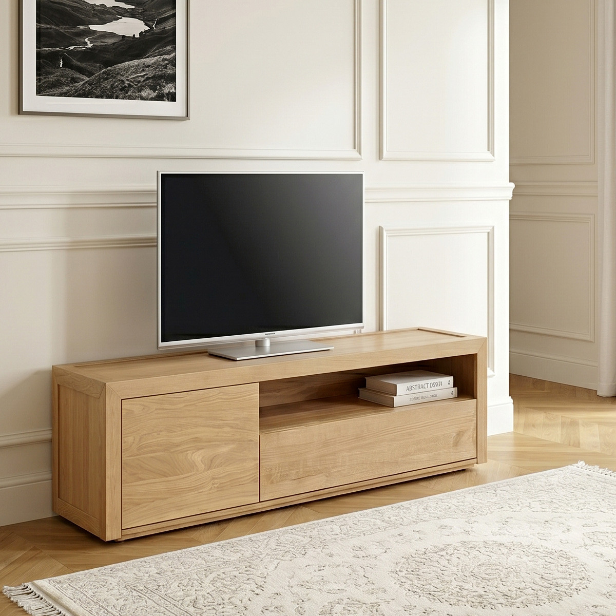 Meuble TV contemporain en chêne, 1 tiroir, 1 porte CAMILLE beige, ROBIN DES BOIS