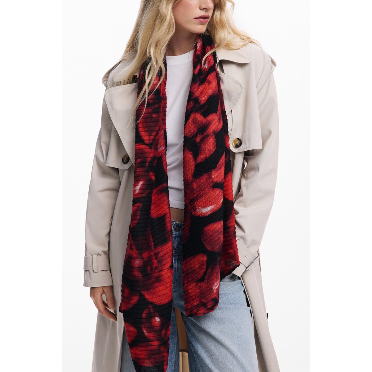 Foulard rectangulaire à fleurs rouges noir, DESIGUAL