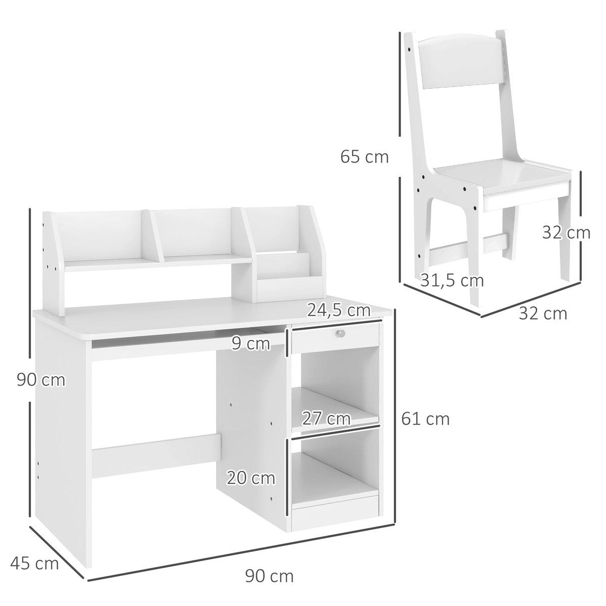 Bureau d'étude pour enfants avec chaise MDF blanc, ZONEKIZ