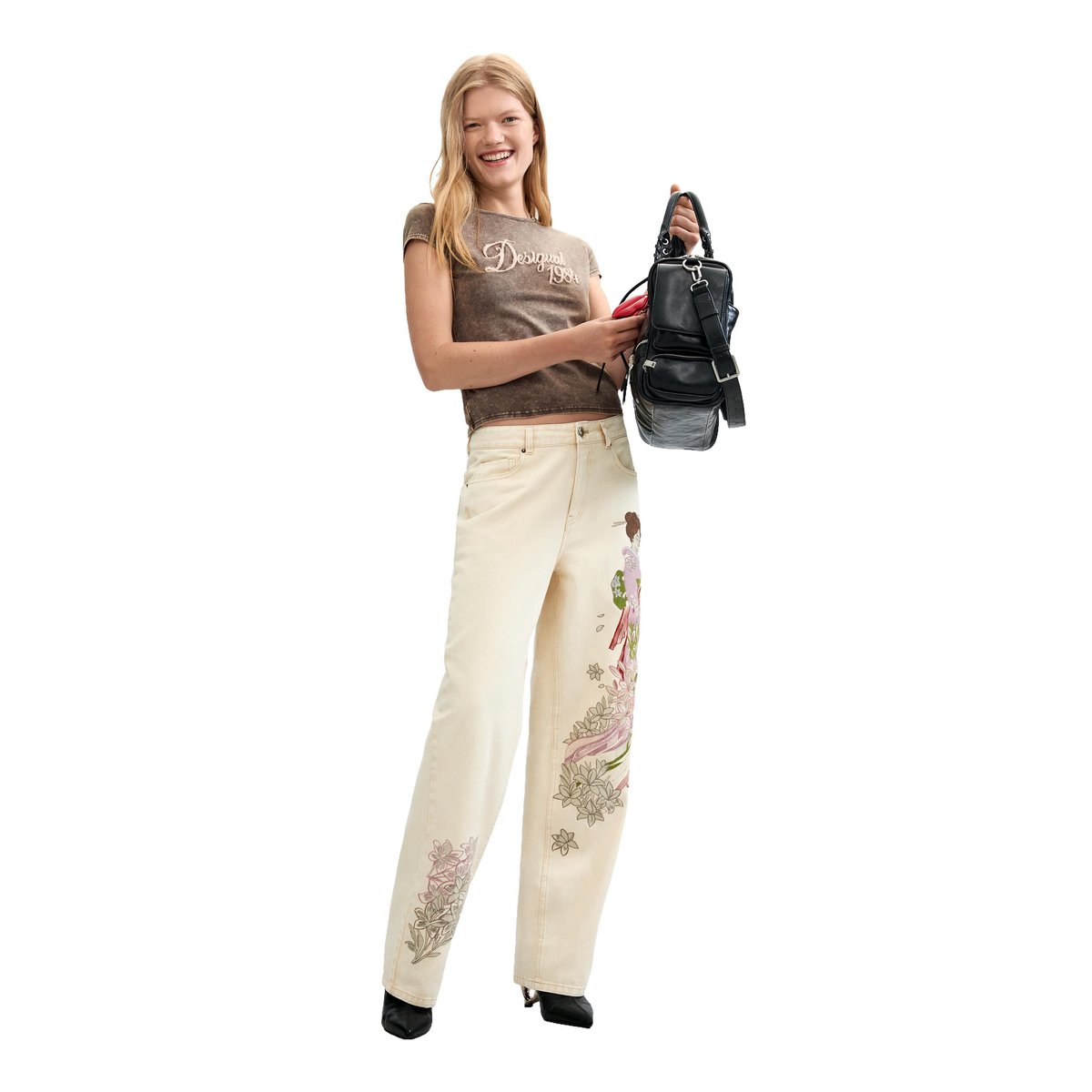 Pantalon en jean balloon brodé beige, DESIGUAL