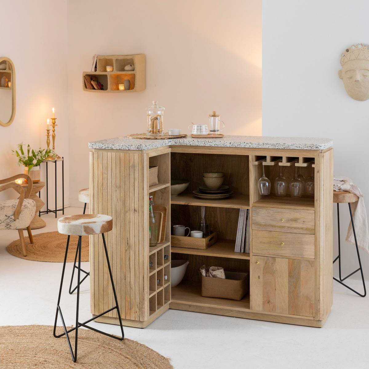 Meuble bar en angle bois de manguier et terrazzo LOU bois clair, MADE IN MEUBLES