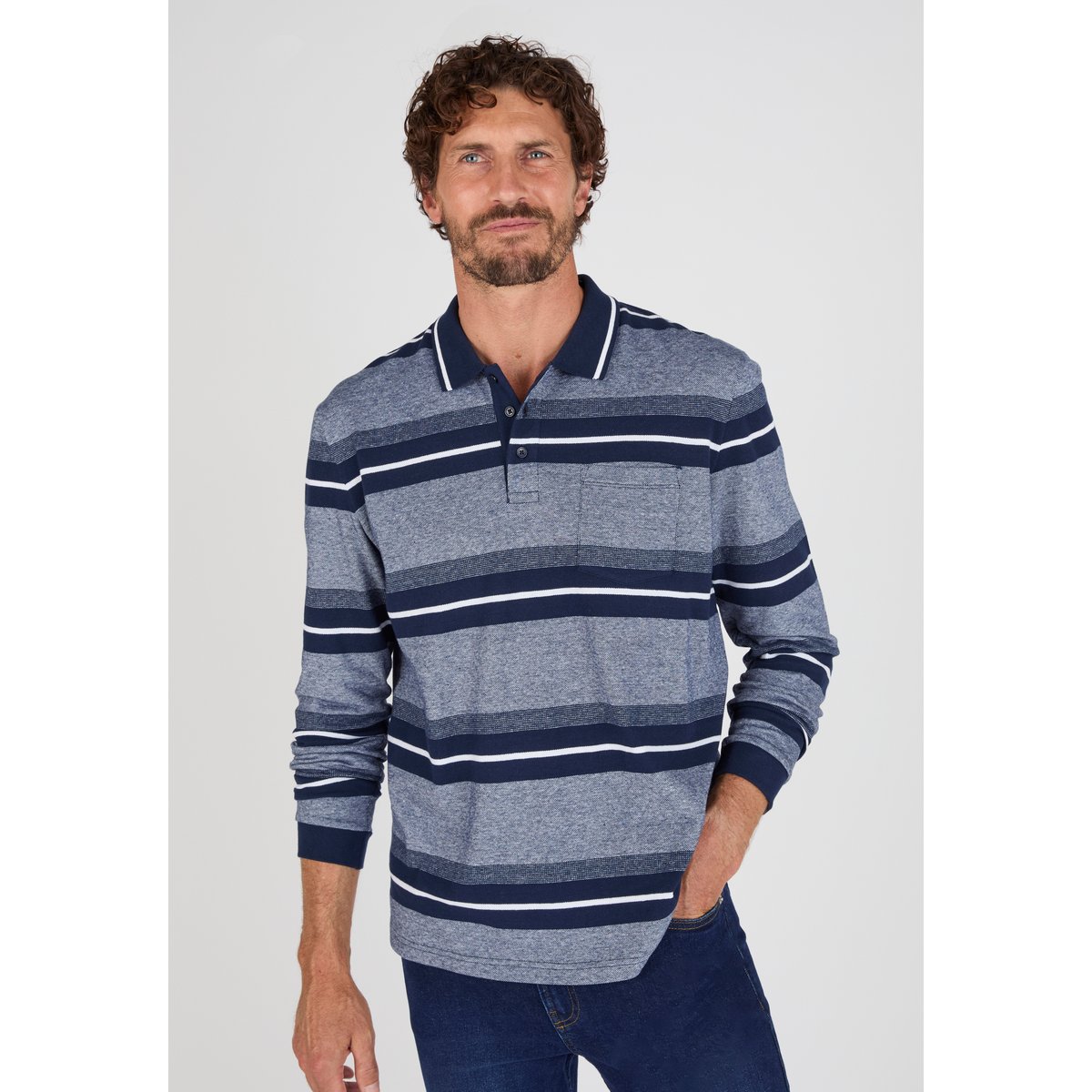 Polo manches longues en maille piquée bleu marine rayé, DAMART