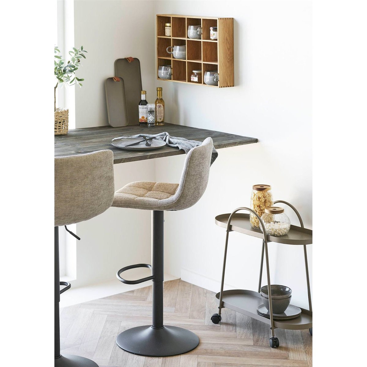 Tabouret de bar capitonné réglable KIRME beige foncé et noir, RECOLLECTION