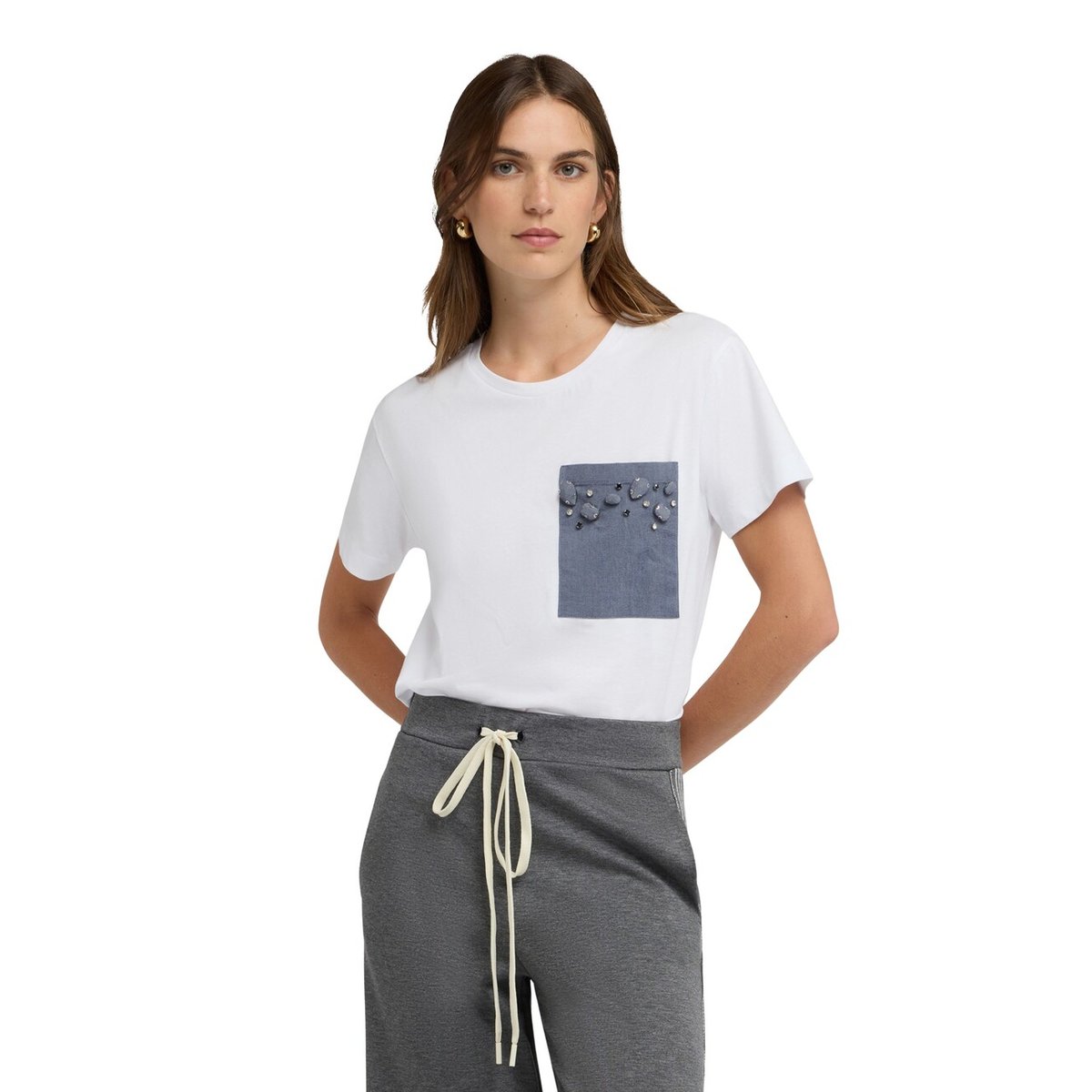 T-shirt avec poche ornée de pierres et strass blanc, MOTIVI