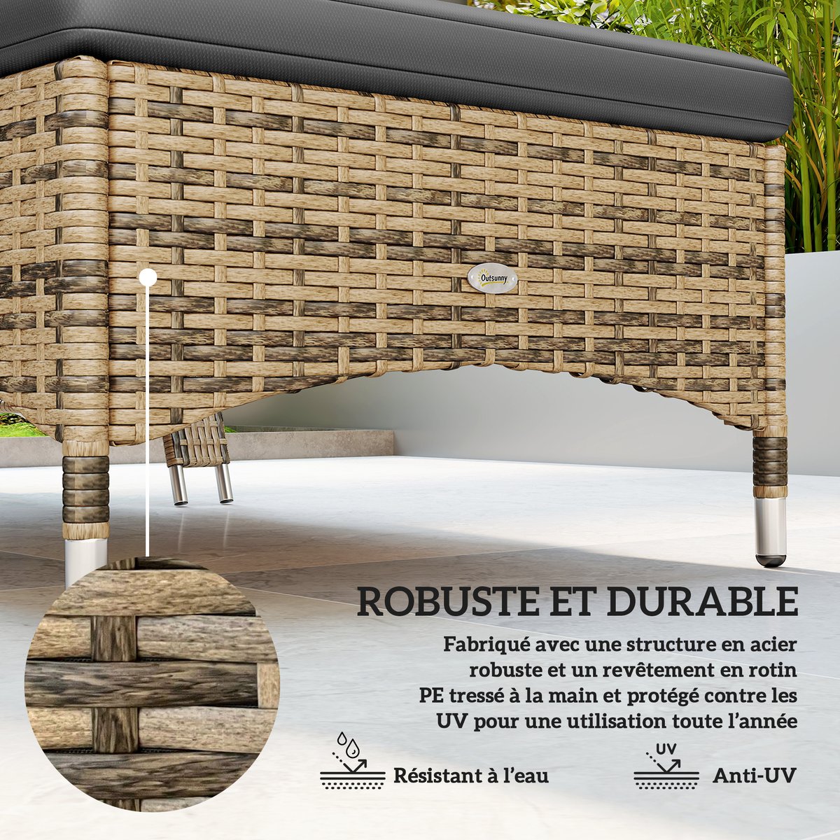 Chaise longue individuelle en rotin (modèle « gris, OUTSUNNY