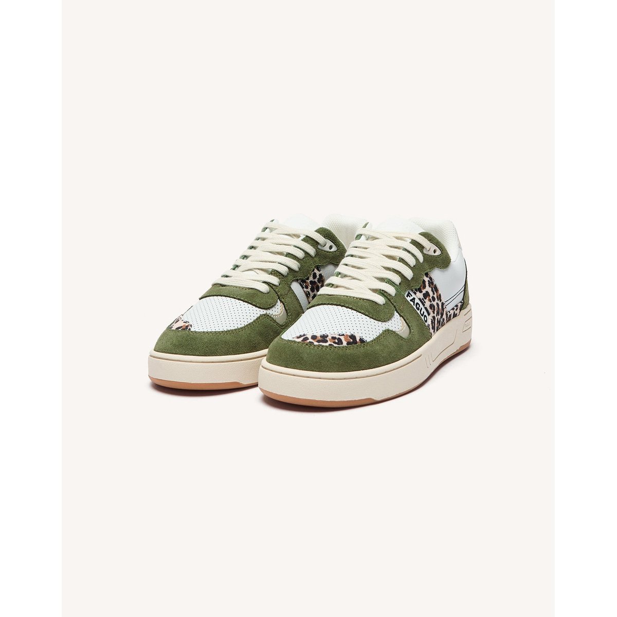 Baskets basses cuir suede CEIBA kaki et léopard, FAGUO