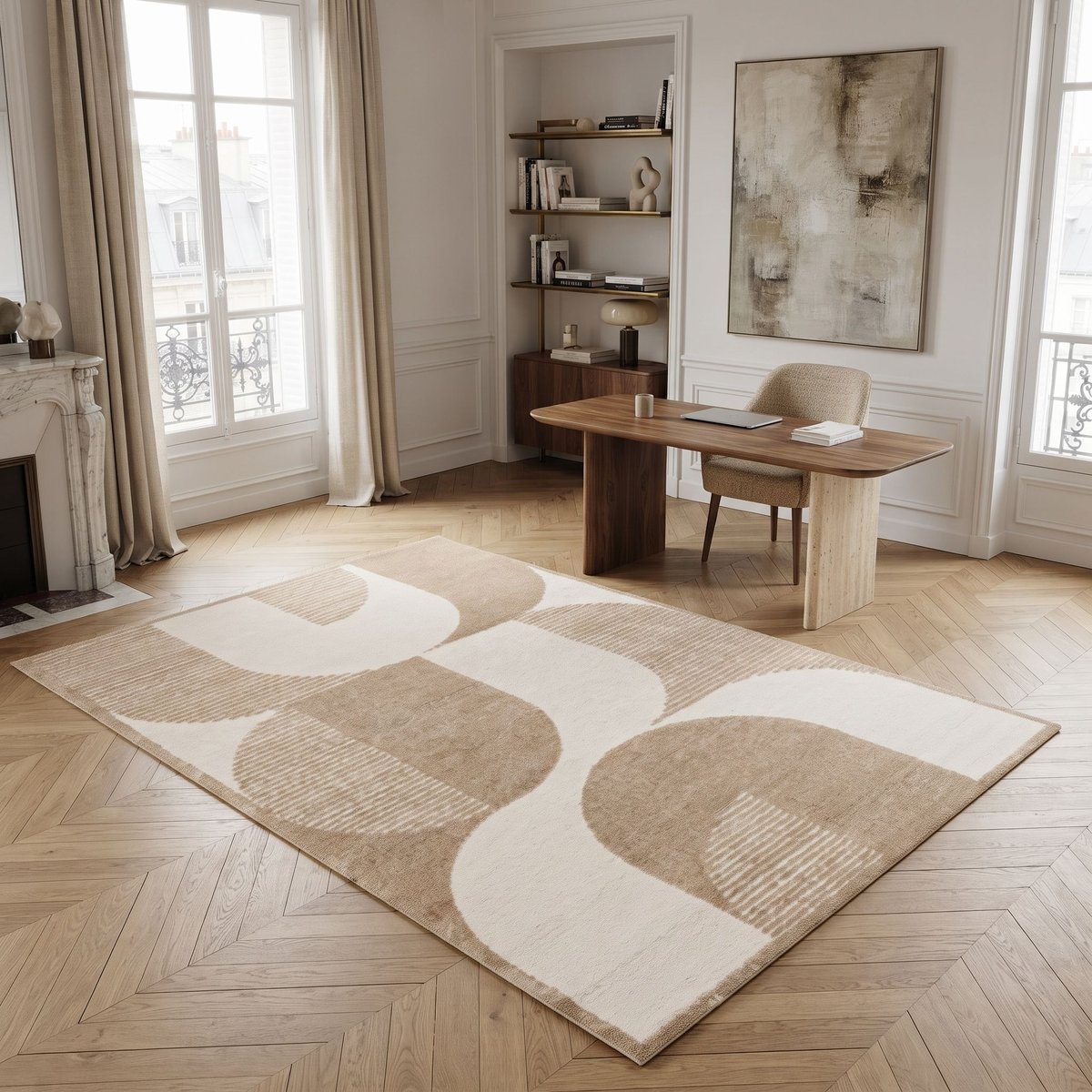 Tapis à reliefs doux à relief géométrique DESIGN OPTIQUE beige, THE DECO FACTORY