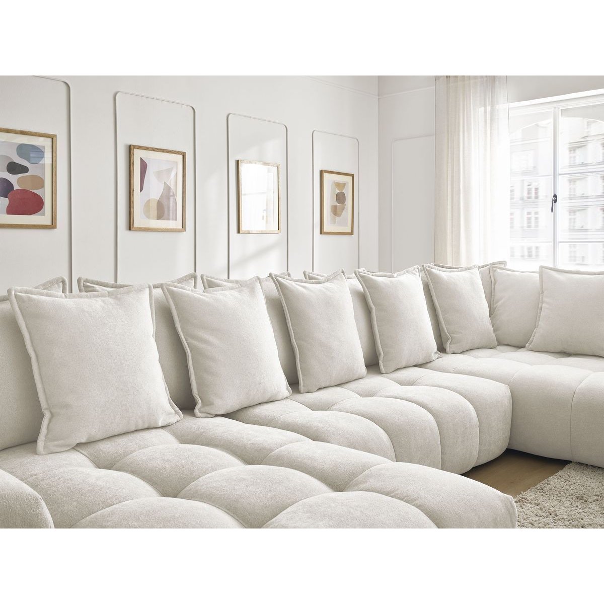Canapé panoramique convertible 6 places en tissu texturé, EVEREST blanc, BOBOCHIC