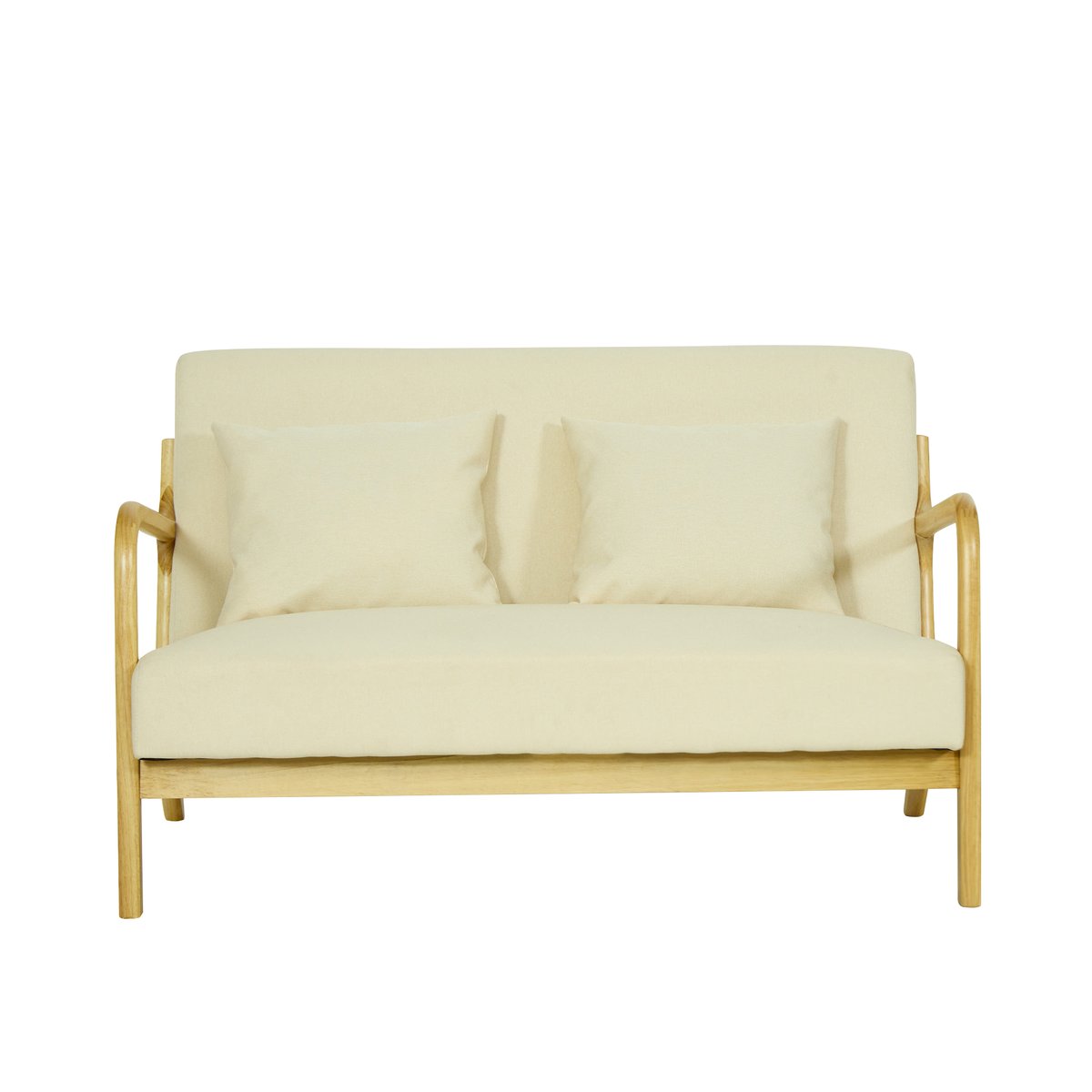 Banquette 2 places, bois massif et tissu beige, NORDLYS