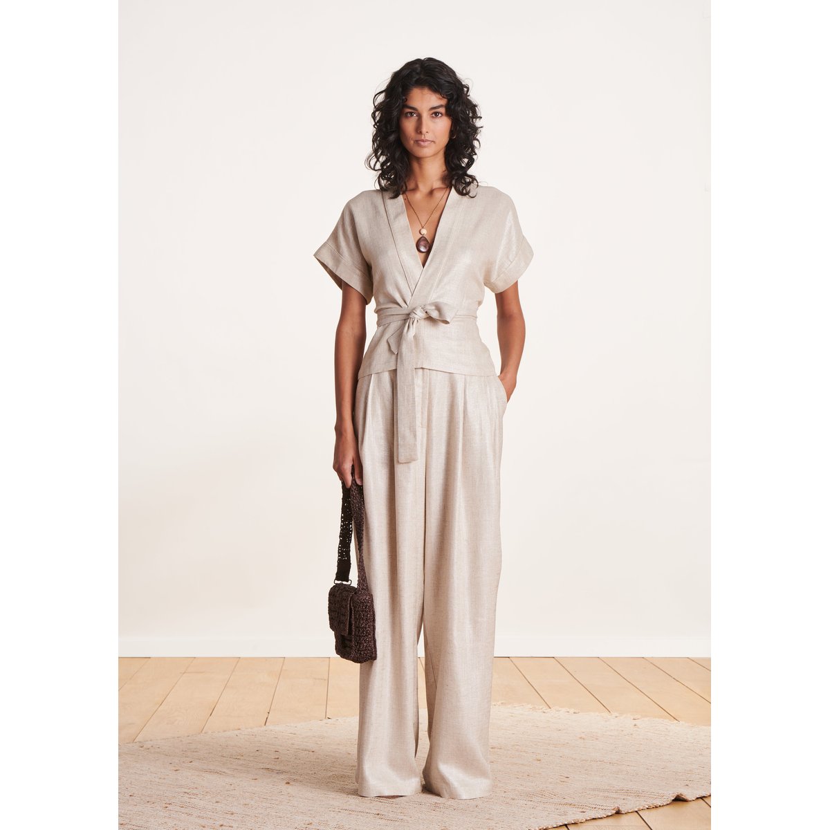 Veste kimono irisée en lin foiled greige, LA FEE MARABOUTEE