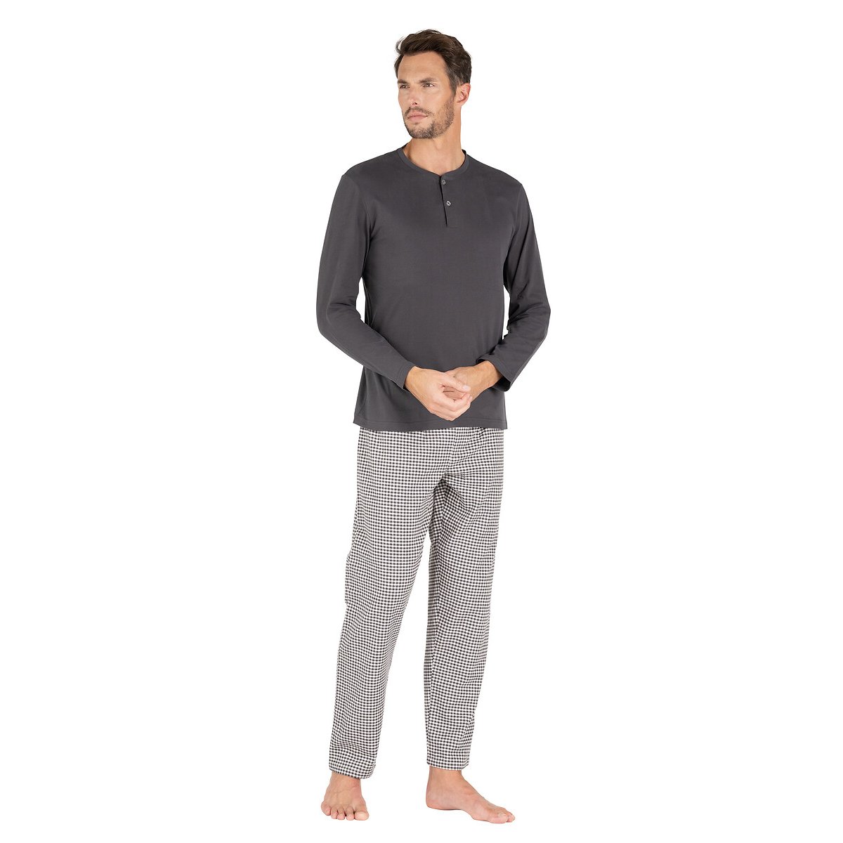 Pijama com parte de cima estilo tunisino, em algodão, e calças em flanela antracite, EMINENCE