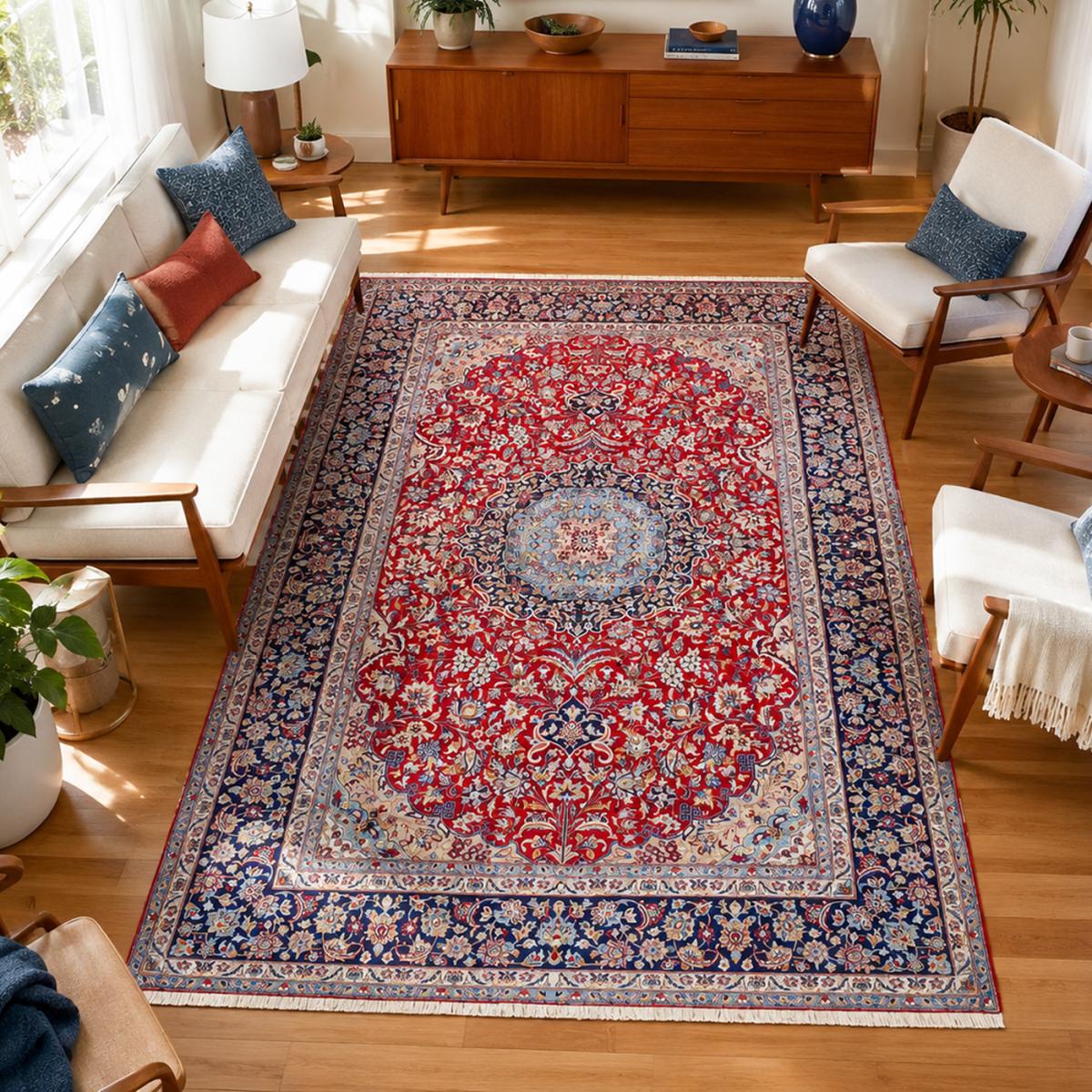 Tapis d'orient au motif oriental, noué main, NADJAFABAD A rouge, beige, bleu, UN AMOUR DE TAPIS