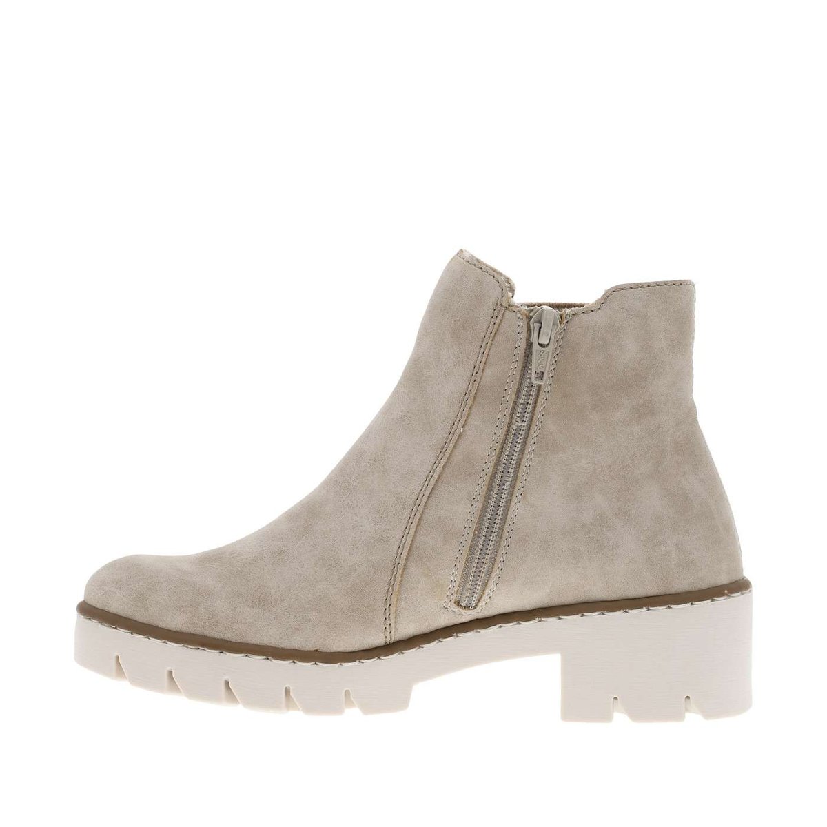 Bottines aspect nubuck taupe à semelle surélevée à talon décroché bas, fourrées, à soufflet élastiqué extérieur taupe, RIEKER