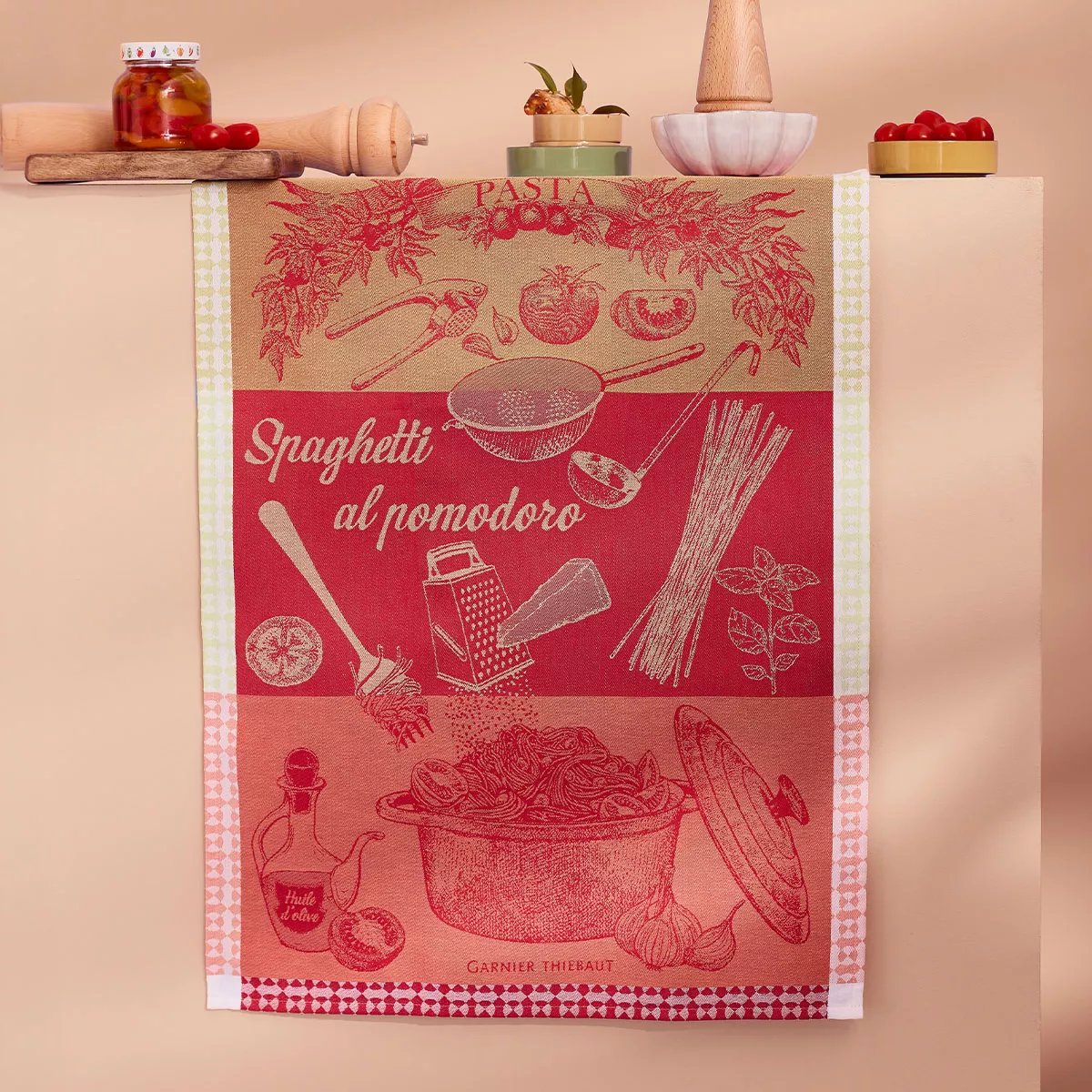 Torchon pur coton SPAGHETTI POMODORO basilic, GARNIER THIEBAUT