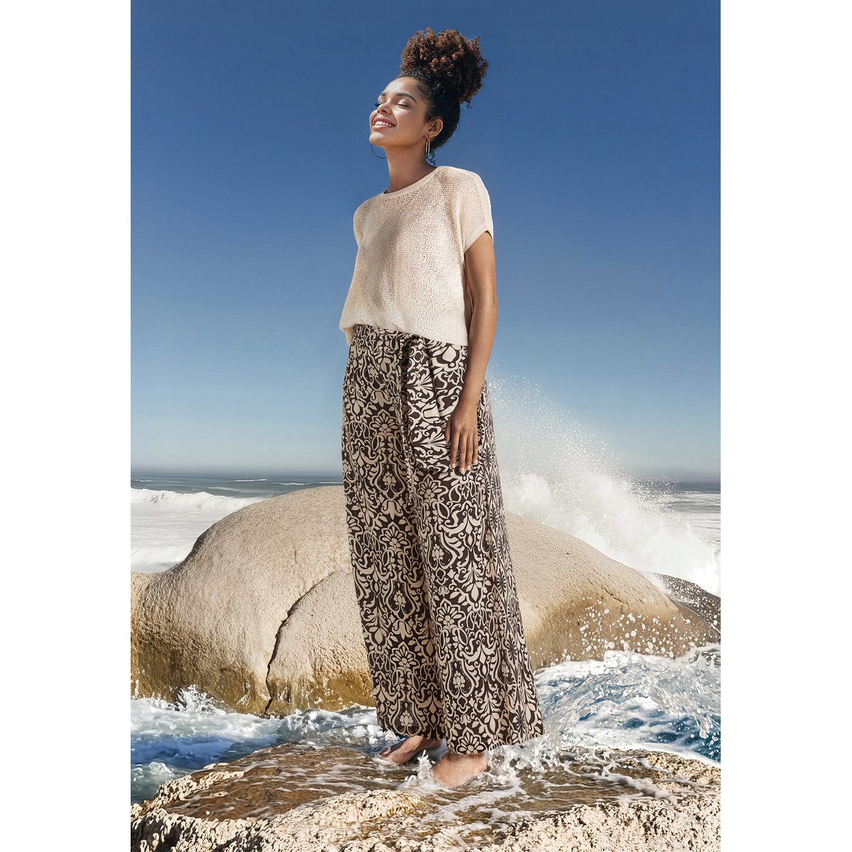 Pantalon palazzo à élastique patch brown/cream, CARTOON