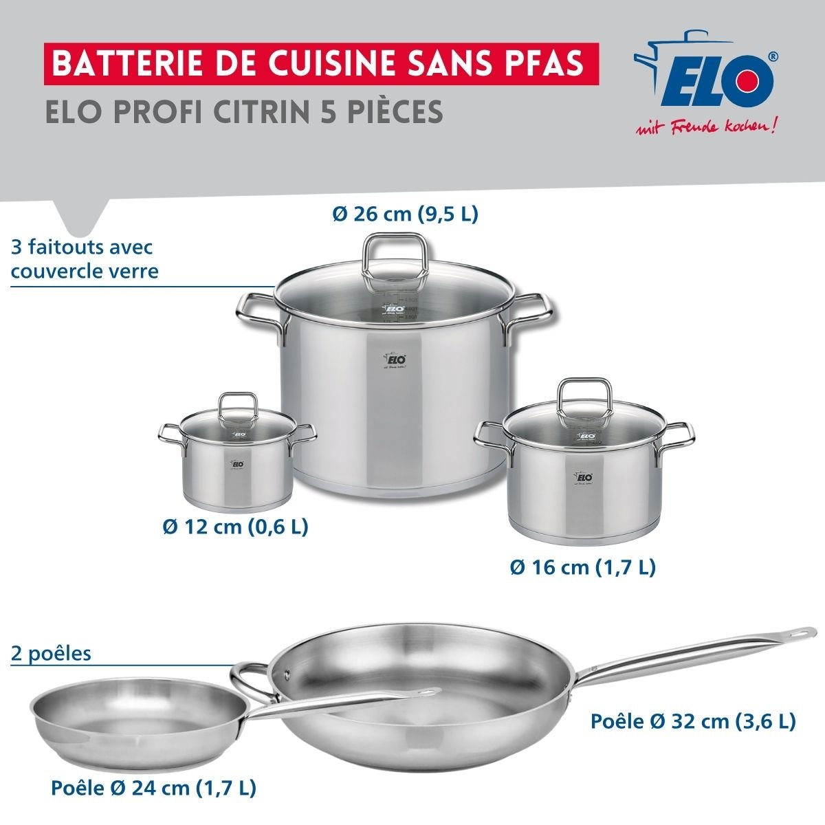 Batterie 2 poêles 24/32cm + 3 faitouts 12/16/26cm PROFI CITRIN gris, ELO