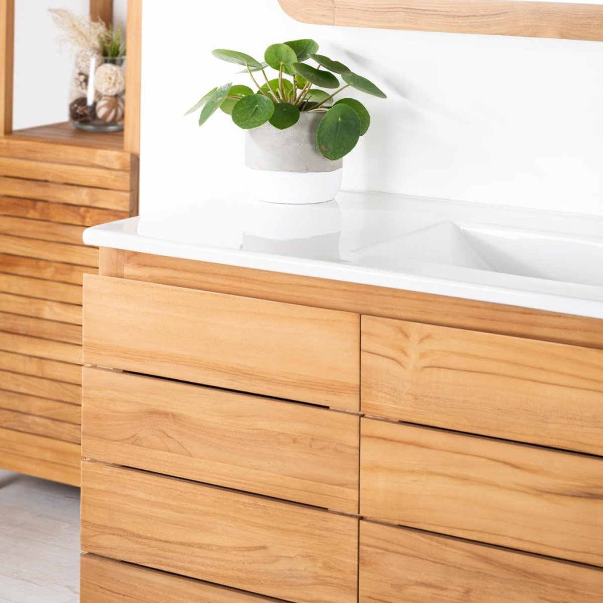 Meuble salle de bain en teck massif et céramique solo 120 cm ANANTA blanc, WANDA COLLECTION
