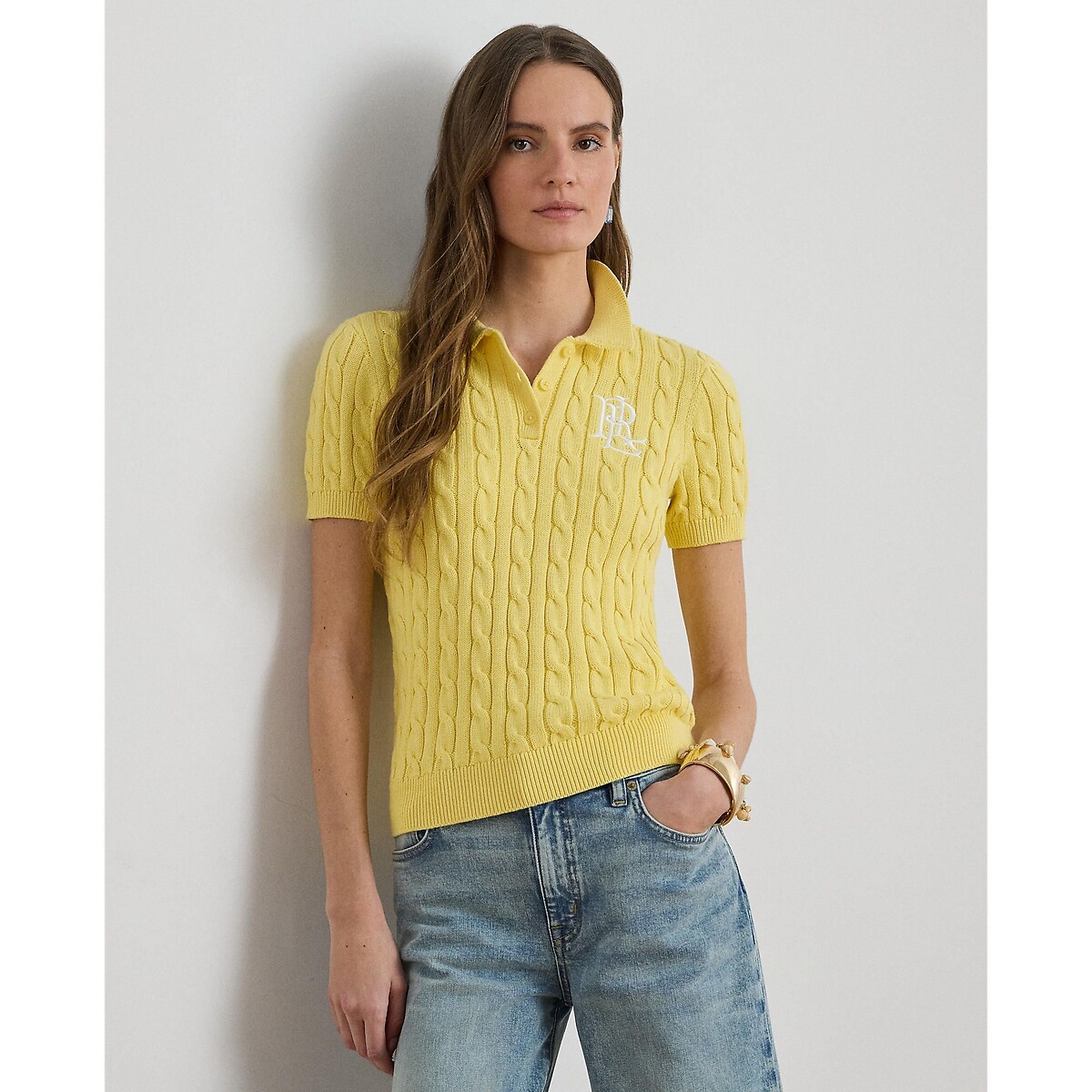Pull manches courtes col polo en coton torsadé jaune citron, LAUREN RALPH LAUREN