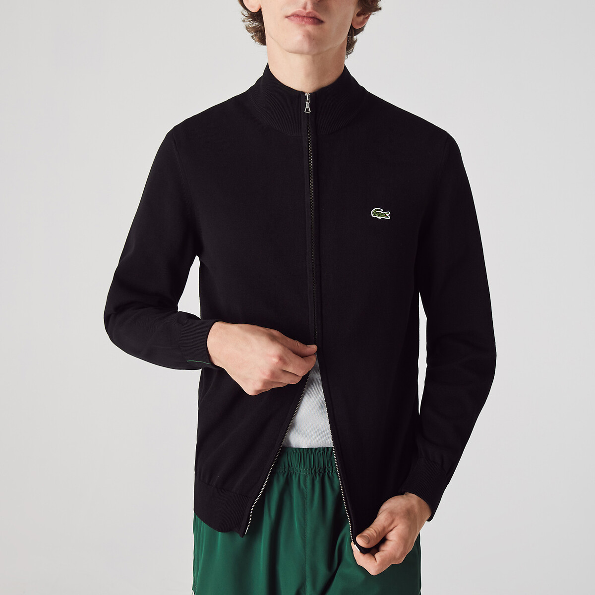 Cardigan mit Stehkragen und Reissverschluss, Baumwolle schwarz, LACOSTE