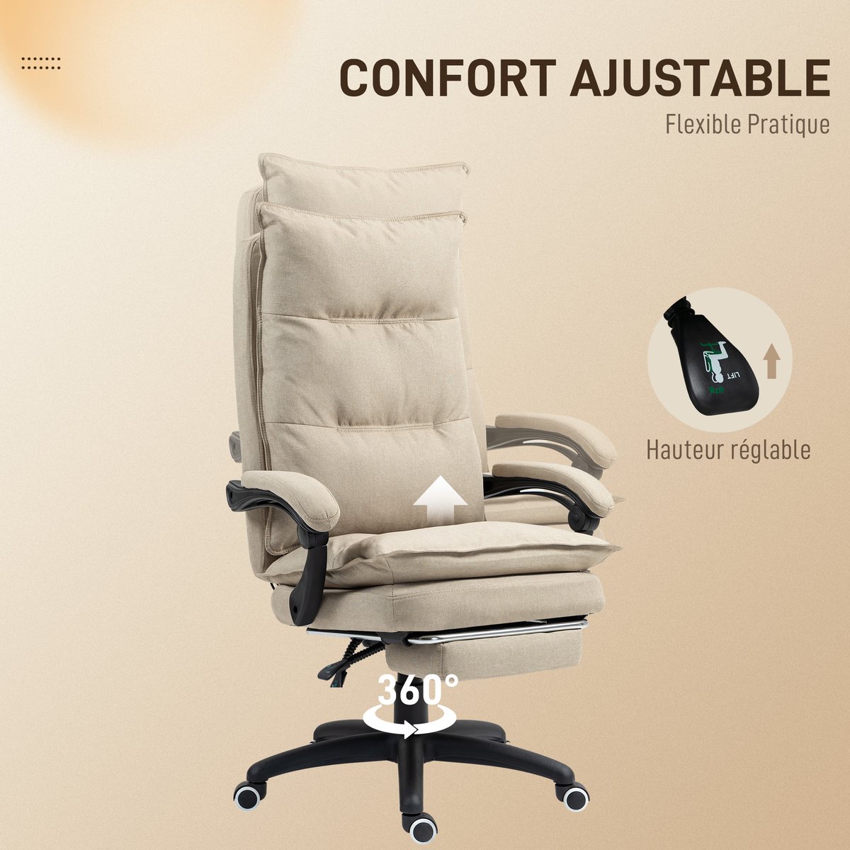 Fauteuil de bureau avec fonction massage Lin beige, HOMCOM