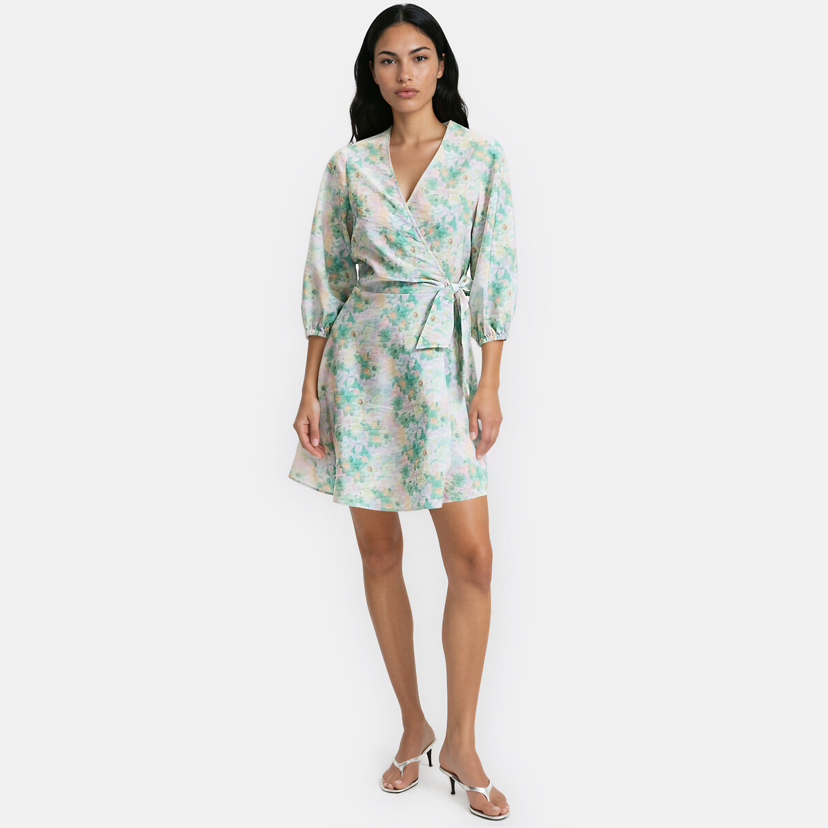 Robe portefeuille courte manches 3/4 imprimé floral imprimé fond vert, LA REDOUTE COLLECTIONS