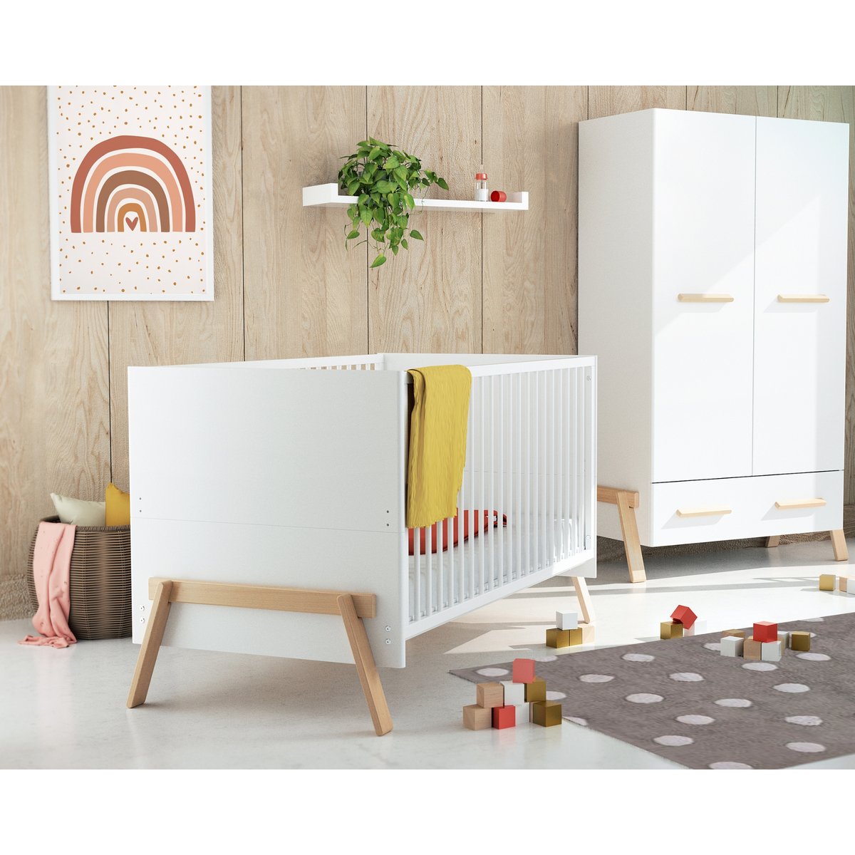 Lit bébé évolutif en bois CANAILLE blanc et hêtre verni, AT4