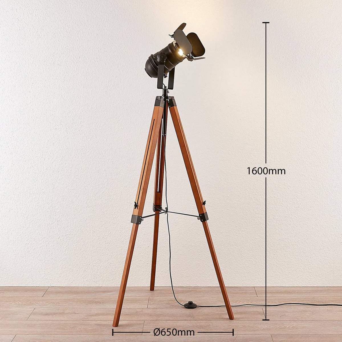 Lampadaire en bois industriel, Hilma brun foncé, noir, LINDBY