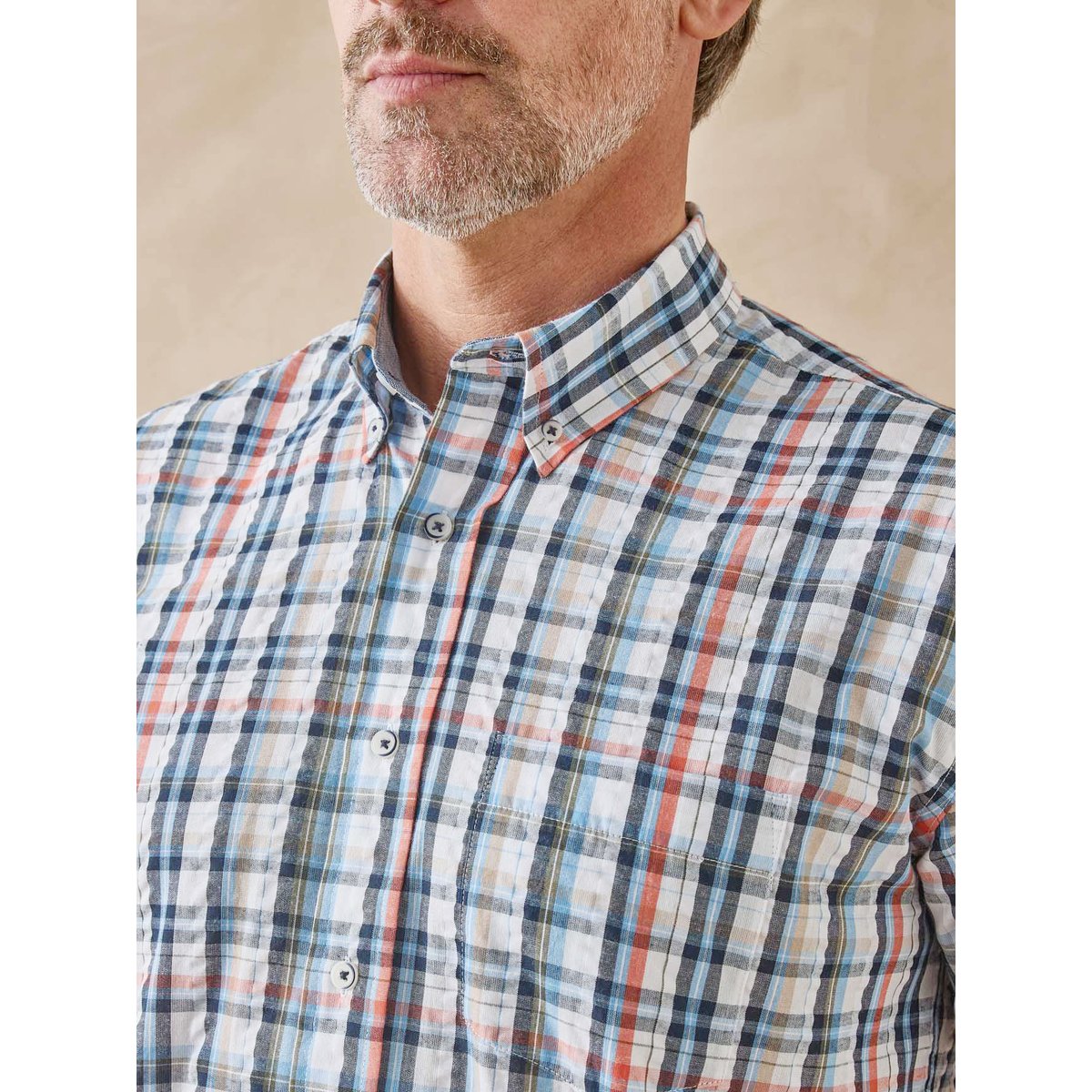 Chemise tissu léger et gaufré carreaux corail/bleu, DAXON
