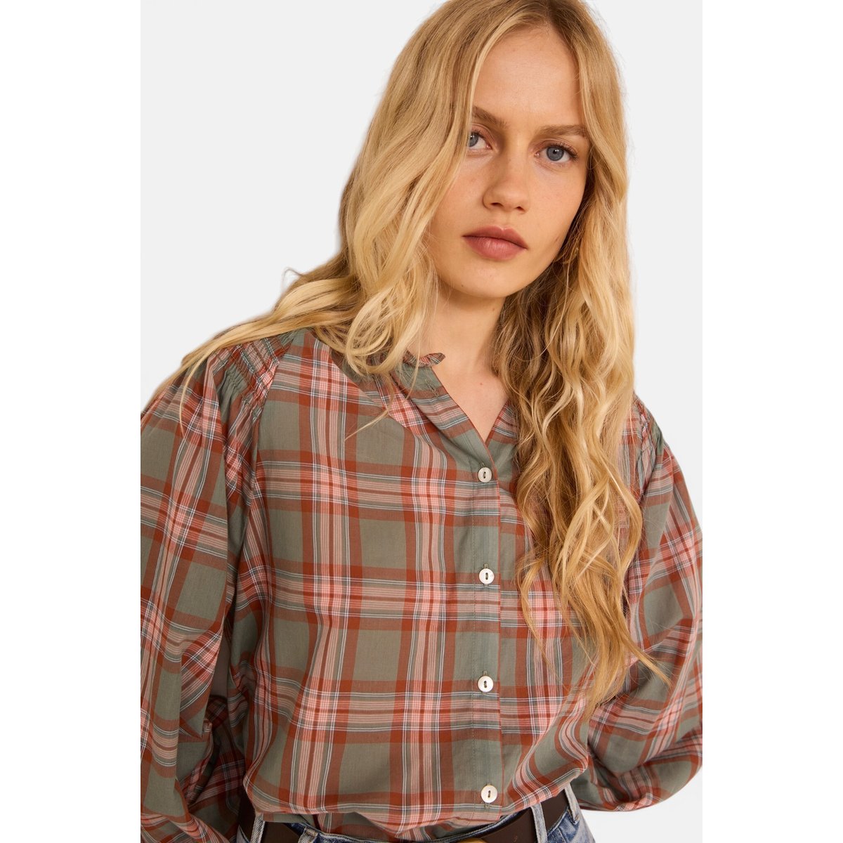 Blouse à carreaux manches longues en coton MANON petrole, Maison 123