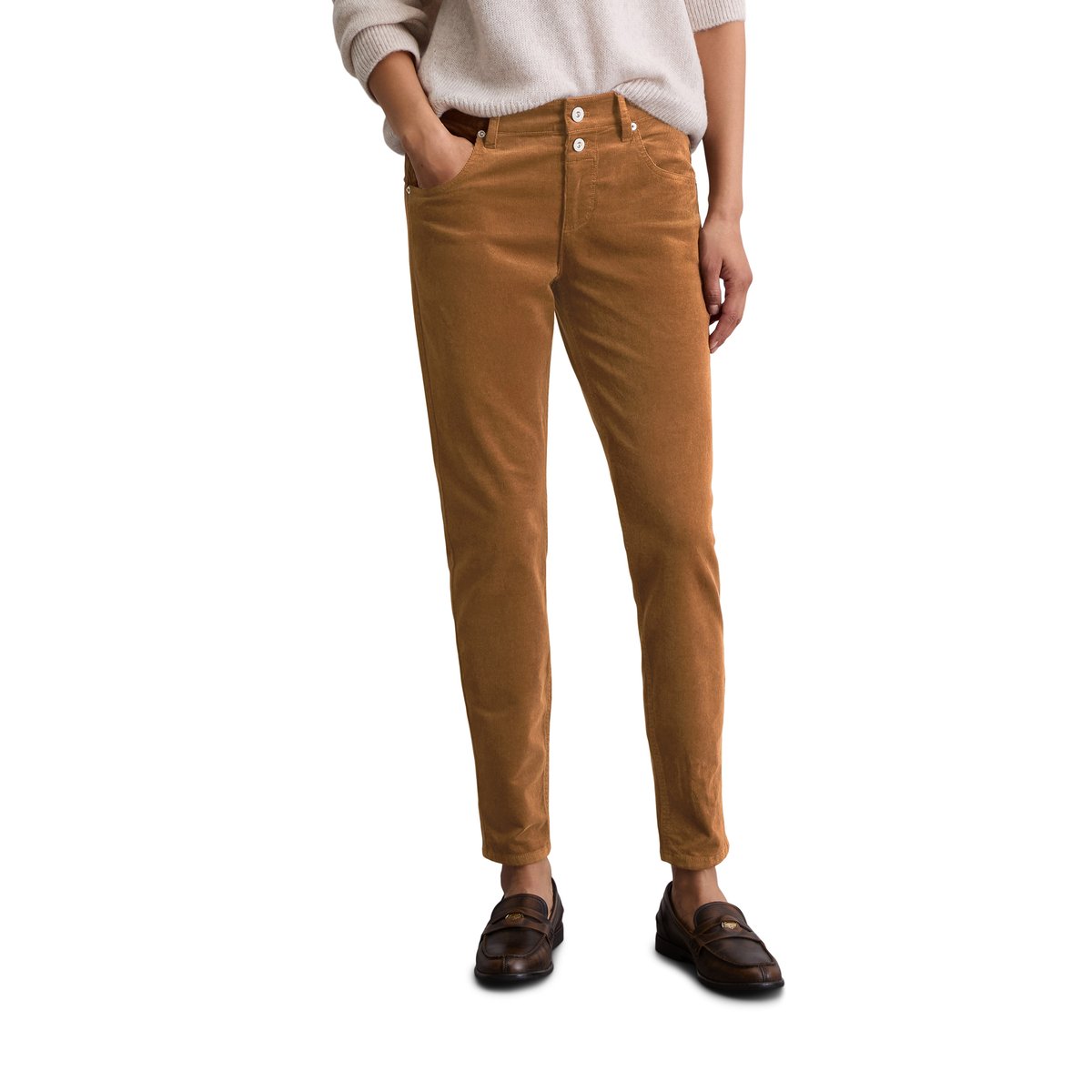 Pantalon à fines côtes modèle Theda boyfriend cropped en coton organique modal stretch marron clair, MARC O'POLO