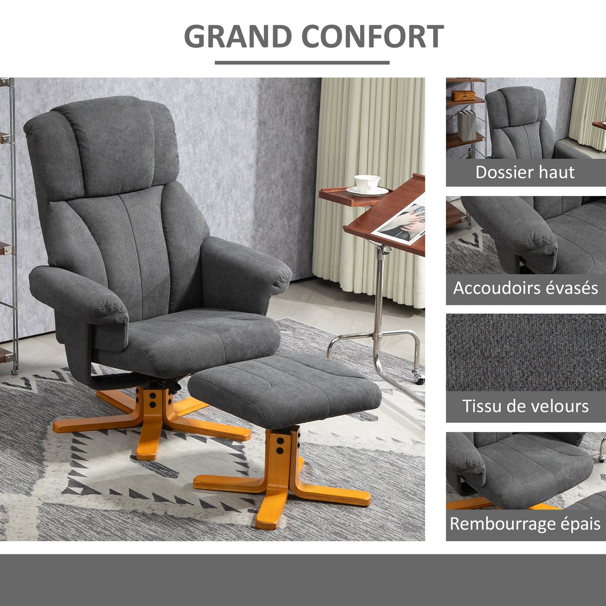 Fauteuil inclinable avec repose-pieds Velours gris foncé, HOMCOM