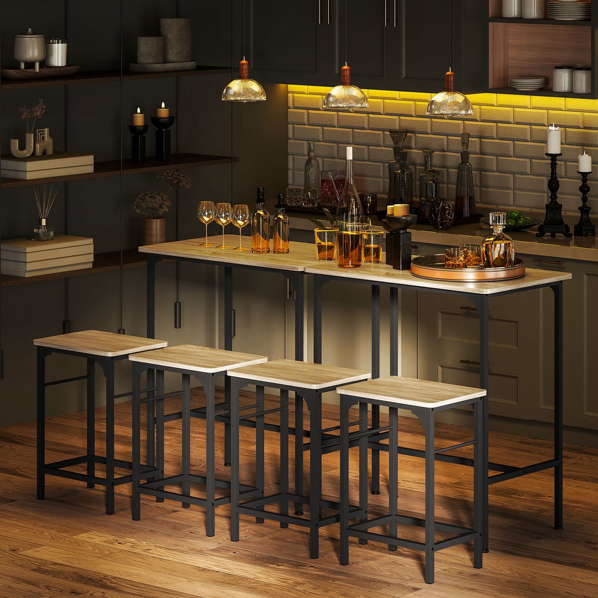 Ensemble de table de bar Panneau de bois naturel, noir, HOMCOM