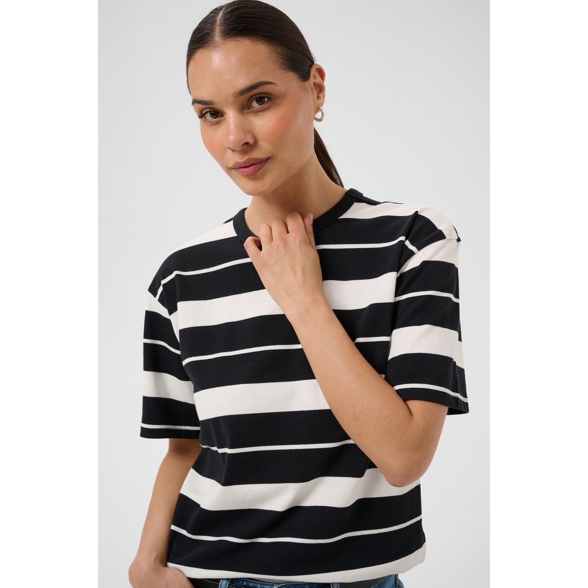 T-shirt col rond manches mi-longues noir/blanc rayures, KAFFE