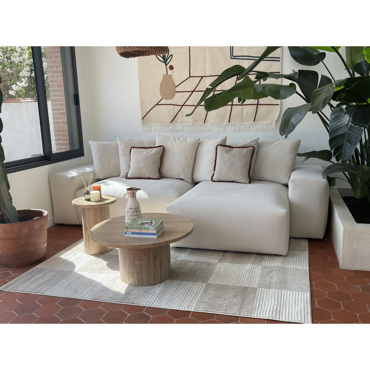 Canapé d'angle convertible 4 places en tissu lisse, VOLTAIRE beige, BOBOCHIC