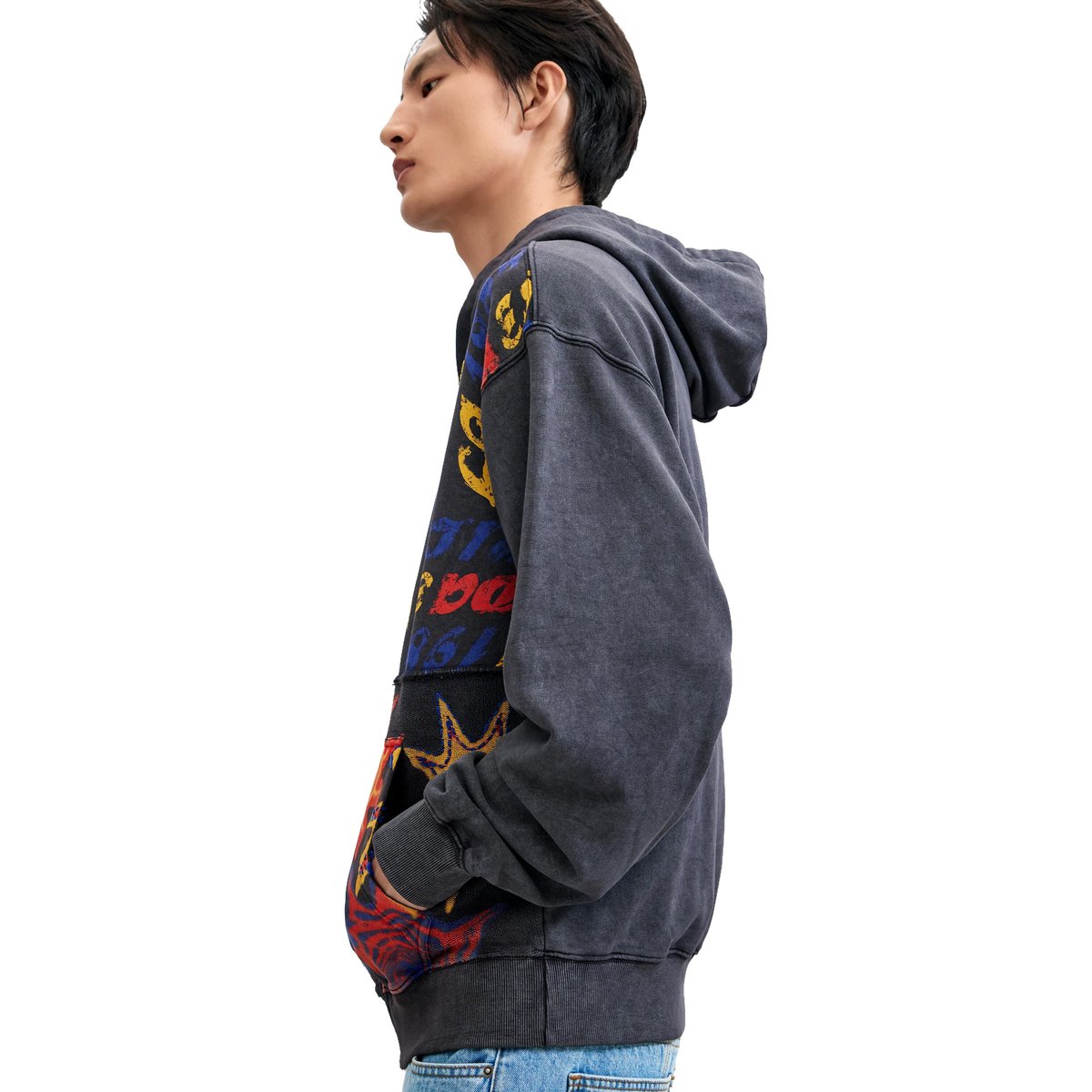 Sweat à capuche imprimé 100 % coton noir, DESIGUAL