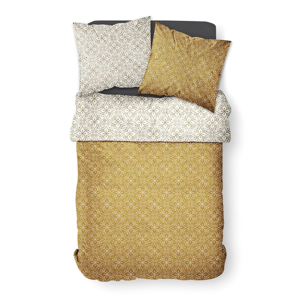 Parure de lit 2 personnes imprimé coton SUNSHINE SOLENE bronze, TODAY