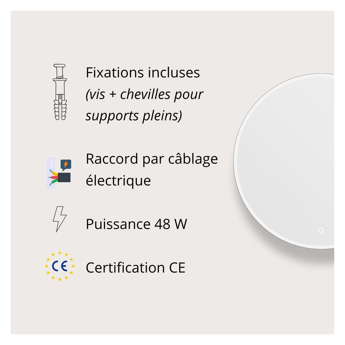 Miroir LED rond D60/70/80cm avec cadre rétroéclairé ORAYA couleur unique, MOB IN