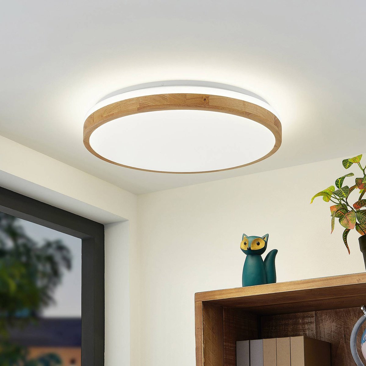 Plafonnier en bois moderneLED, Emiva bois clair, blanc, LINDBY