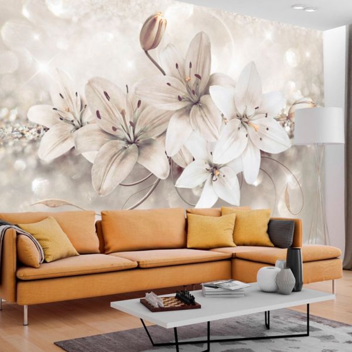 Papier peint intissé panoramique Fleurs Diamond Lilies beige, EDEN