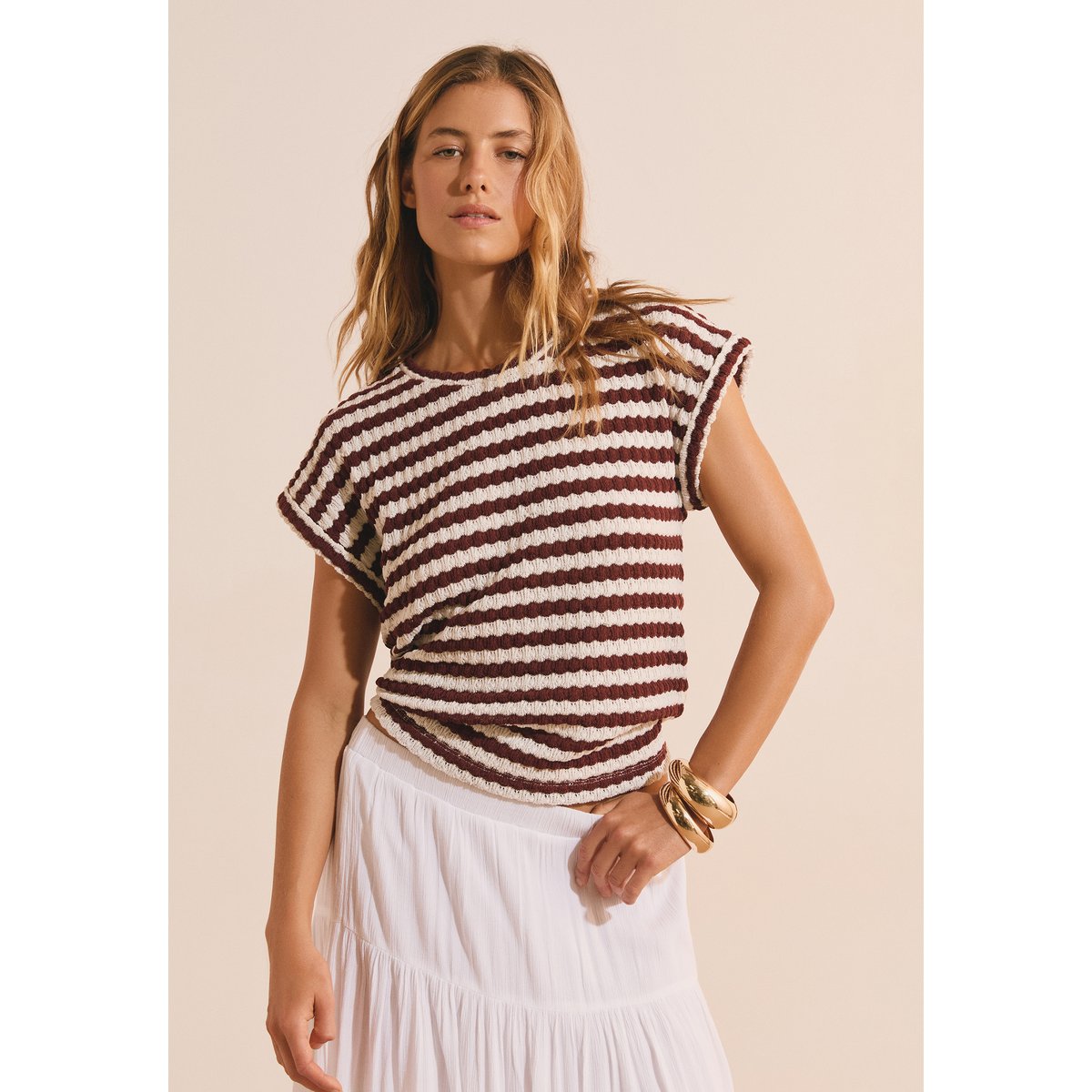 T-shirt effet crochet rayé TAHILA ecru, ETAM