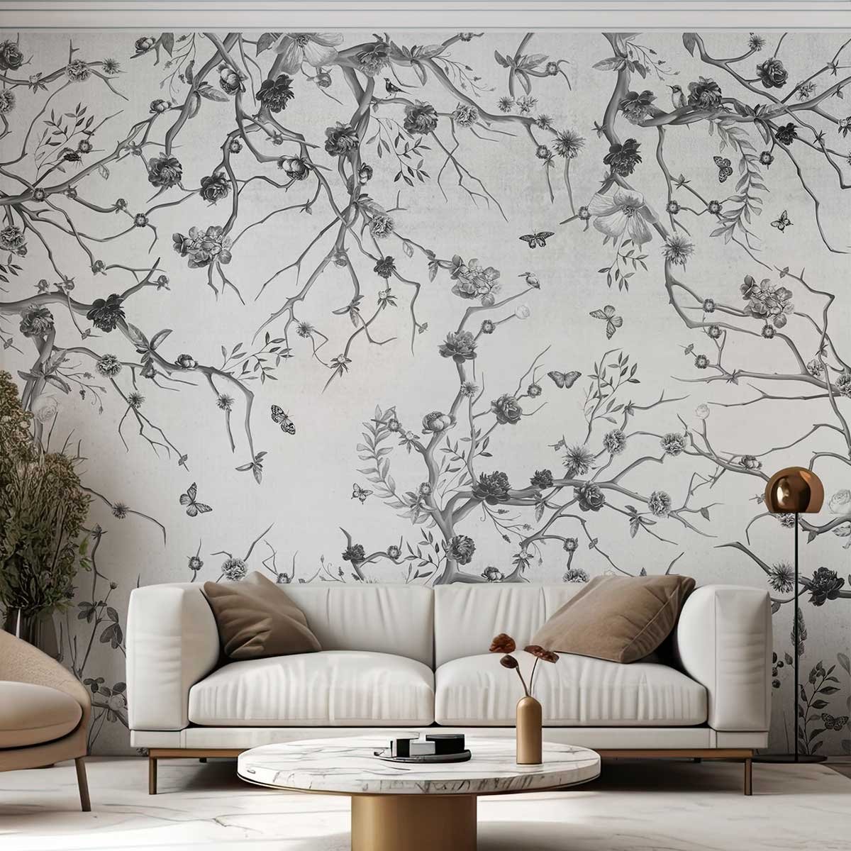 Papier peint panoramique feuilles le printemps n&b intissé, HEXOA