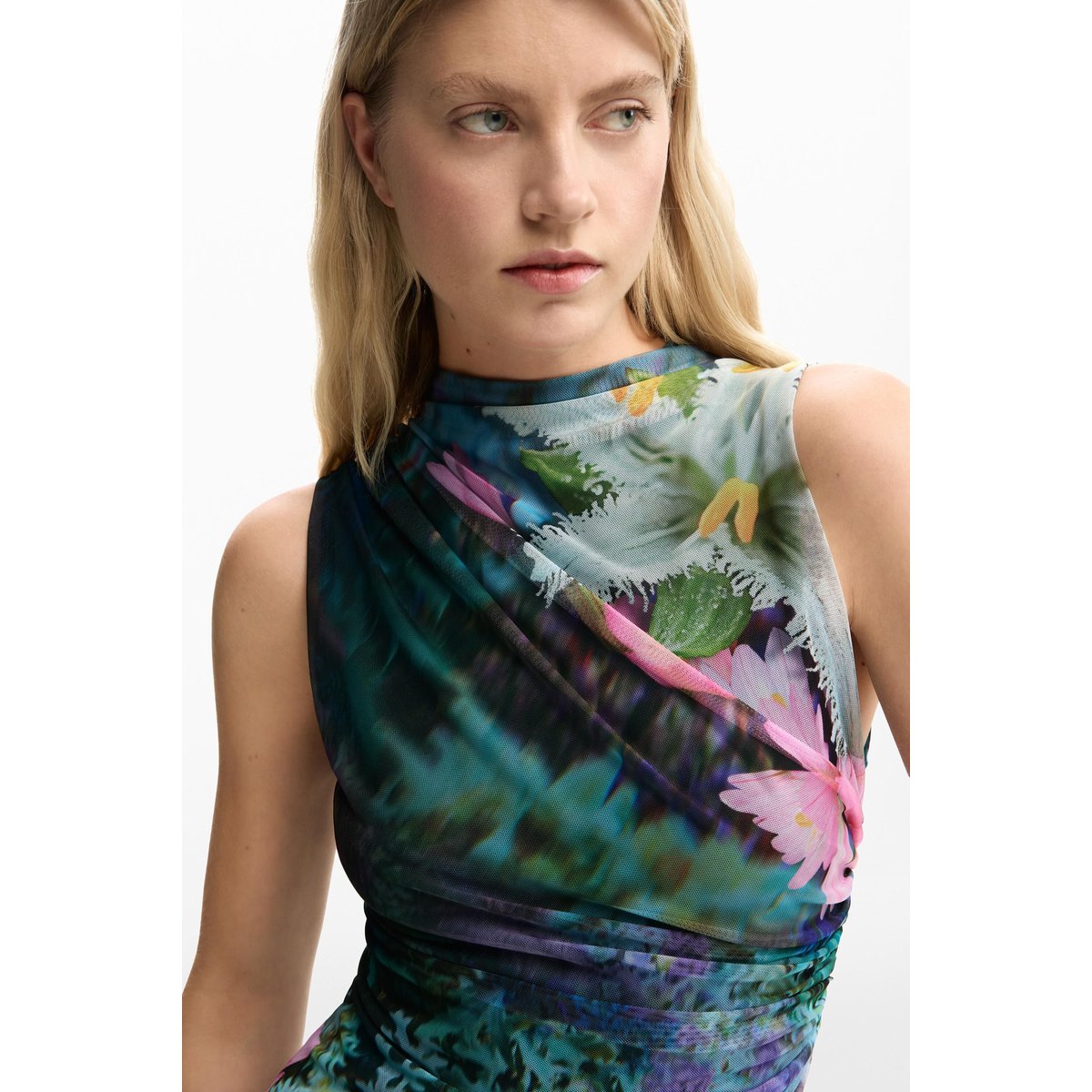 Robe drapée à fleurs vert, DESIGUAL
