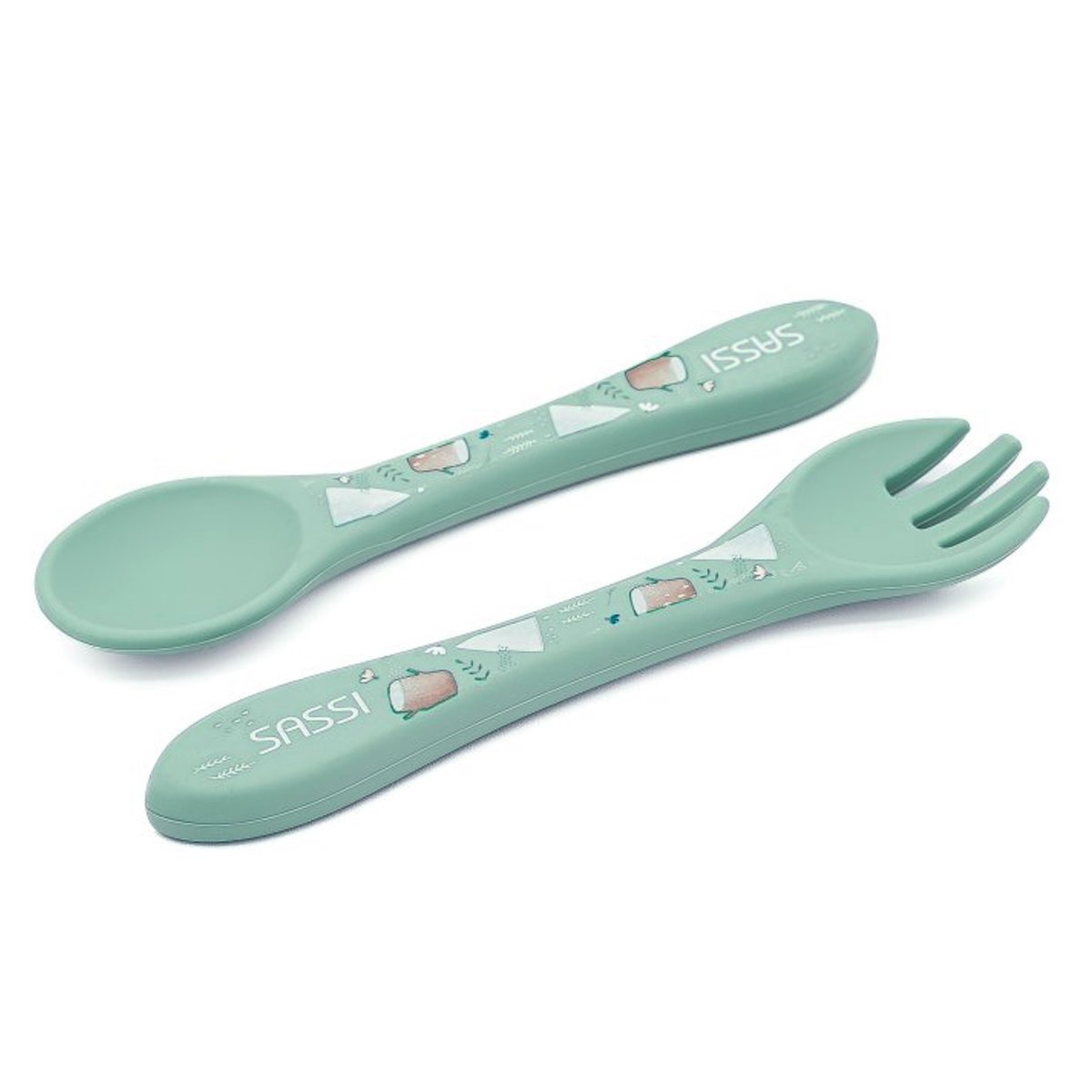 Set fourchette et cuillère en silicone ANIMAUX menthe, SASSI