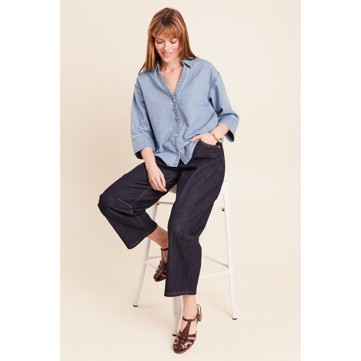 Chemise ample manches 3/4 col chemise denim double stone, BREAL