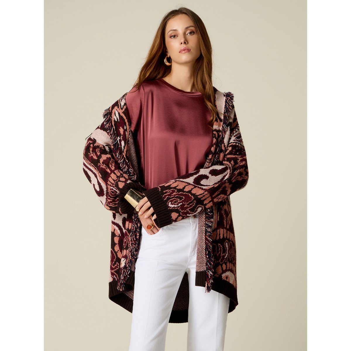 Cardigan long avec franges et cristaux beige, OLTRE