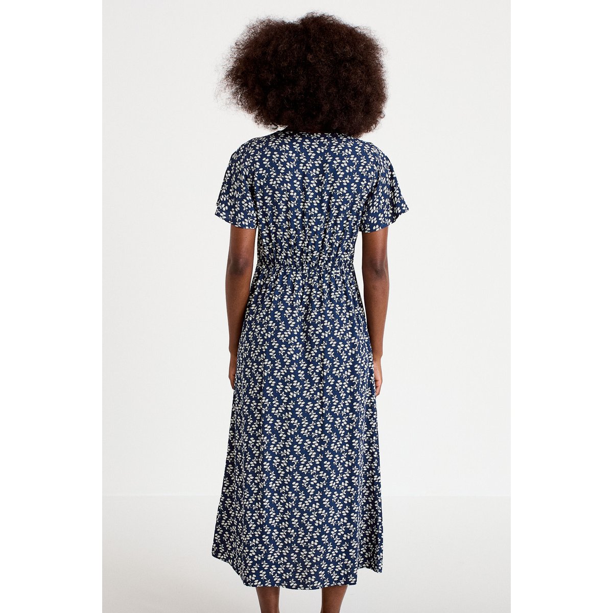 Robe longue évasée col v dentelle bleu marine, CACHE CACHE