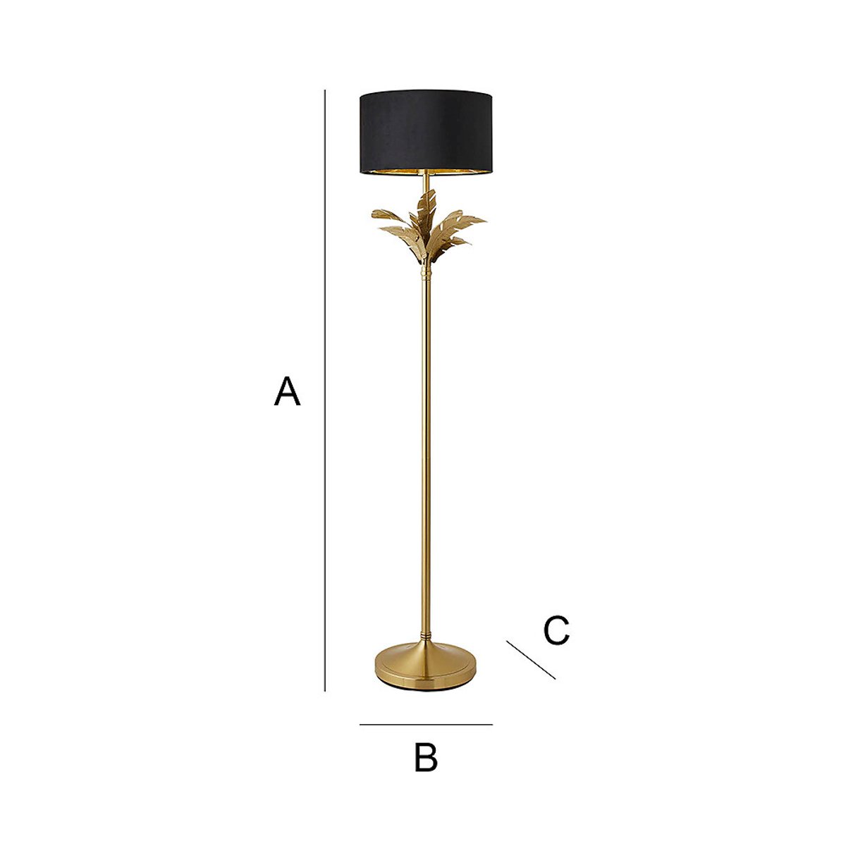 Chrissy Gold Palm Leaf Floor Lamp with Velvet Drum Shade black, SO'HOME