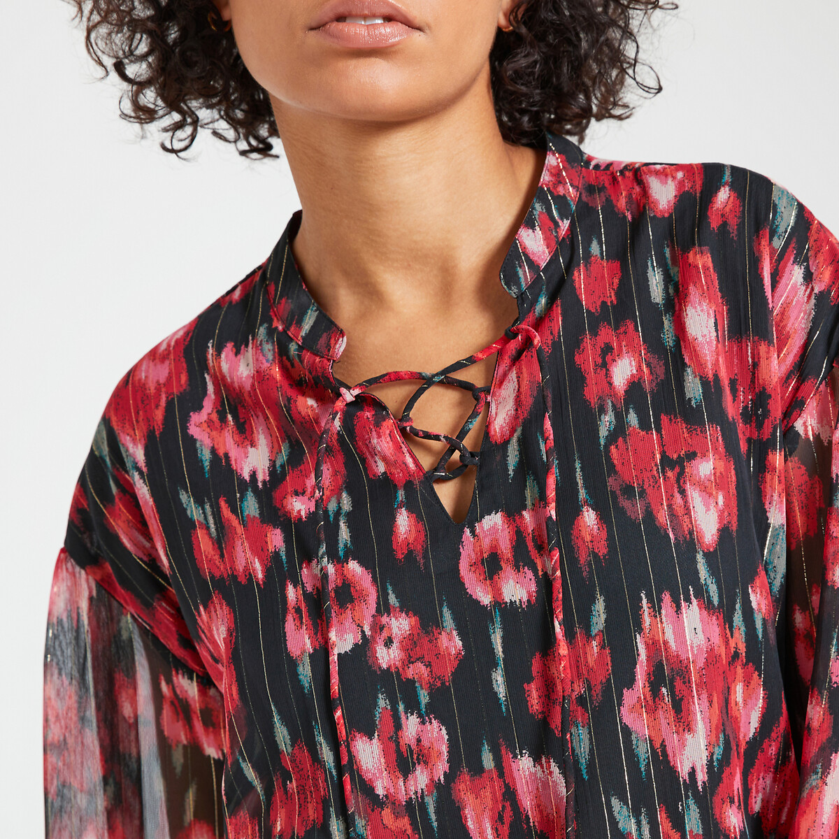 Floral Crew Neck Blouse with Long Sleeves red/black, ONLY